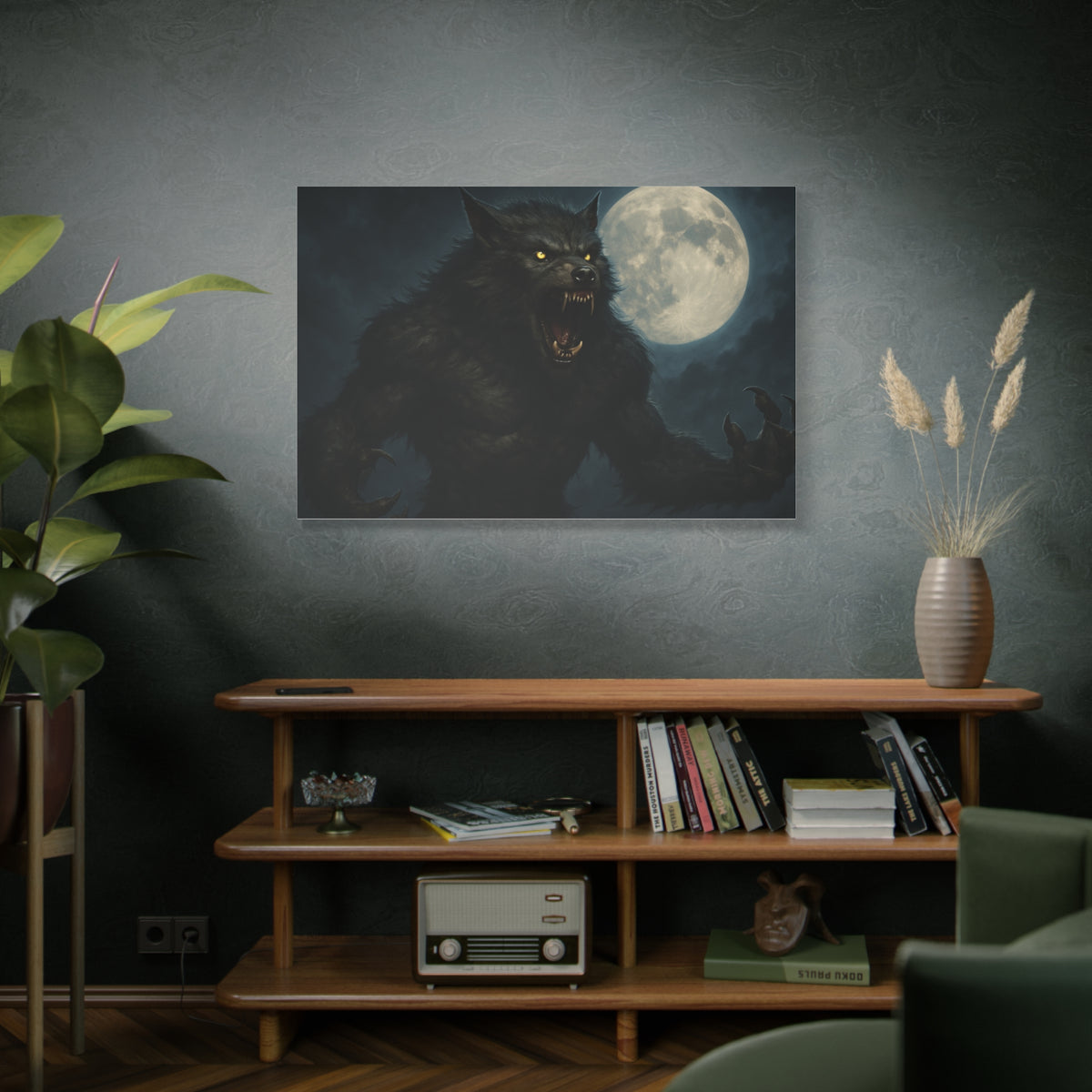 Werewolf Moon matte canvas print featuring a spooky full moon wall art design by Printify, ideal for Halloween or gothic decor.