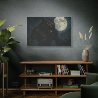 Werewolf Moon matte canvas print featuring a spooky full moon wall art design by Printify, ideal for Halloween or gothic decor.