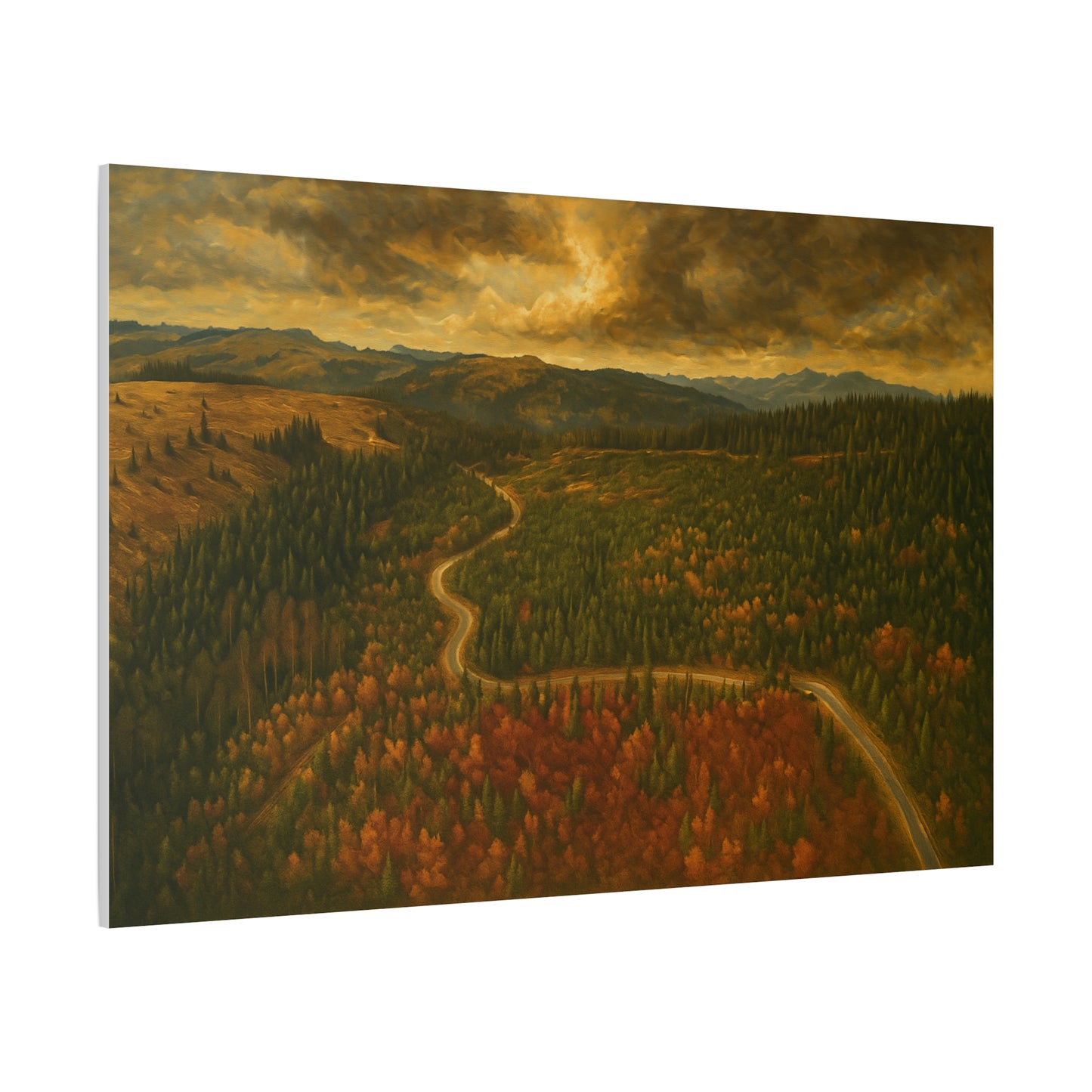 Moody forest landscape on Autumn Ridge Road matte stretched canvas wall art by Printify, featuring vibrant autumn colors and detailed trees.