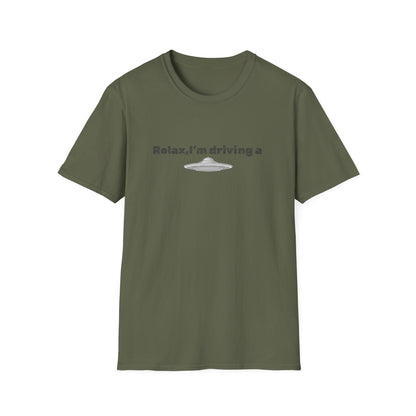 Funny alien graphic T-shirt by Printify featuring a UFO design, perfect for sci-fi fans and casual wear.