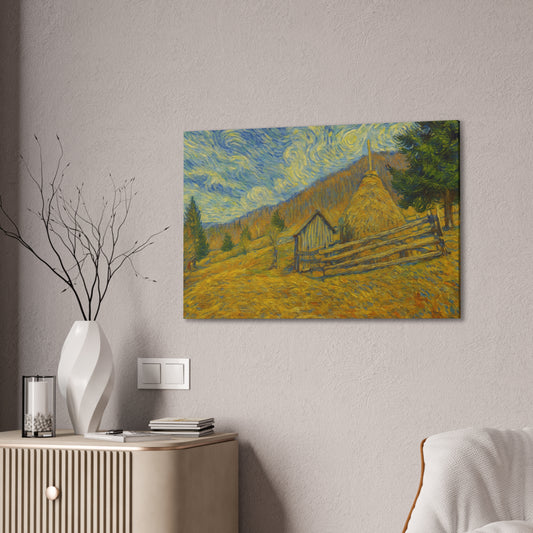 Rural Haystack Canvas Wall Art – Impressionist Landscape Stretched Canvas