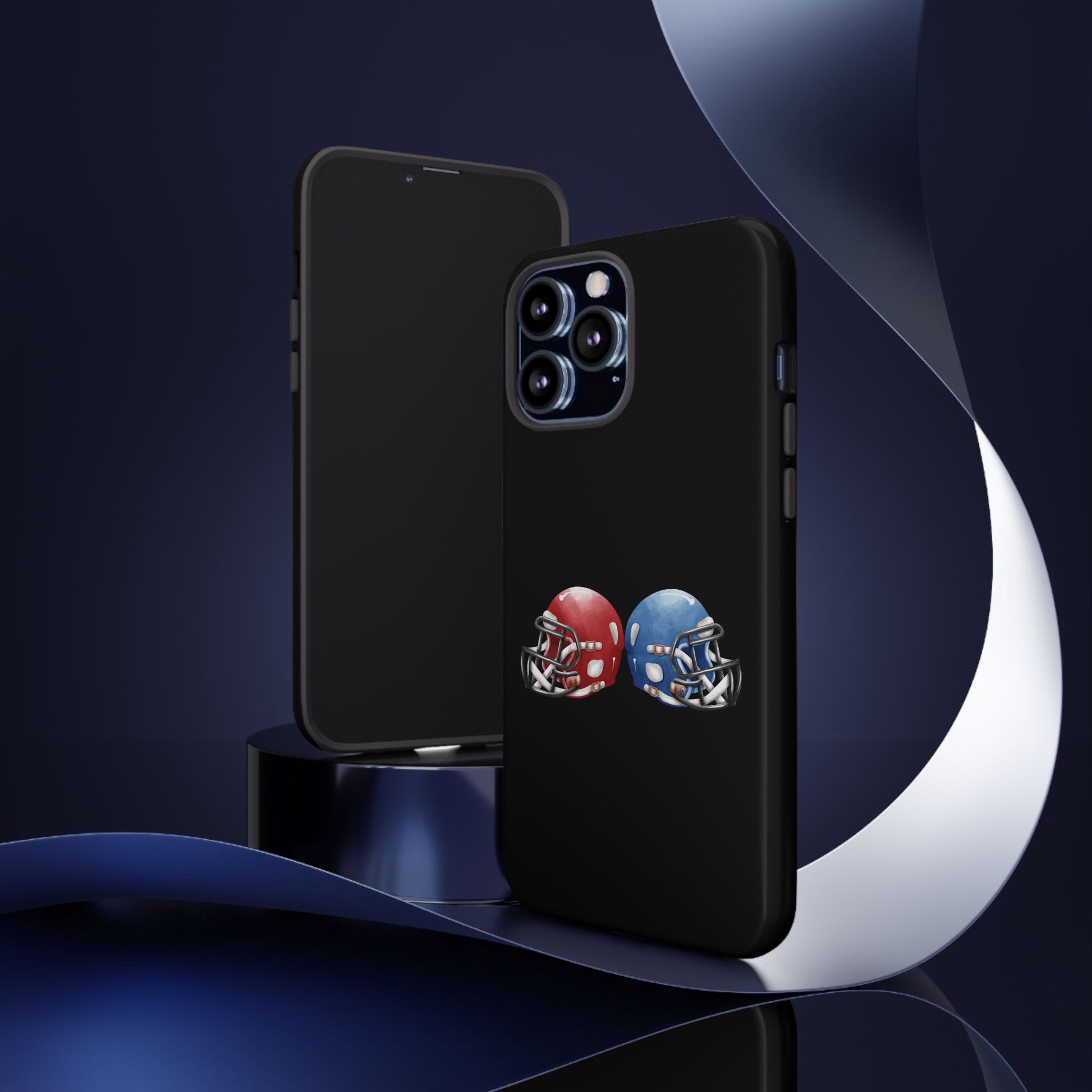 Red and blue football helmet tough phone case for iPhone, protective Printify cover with realistic helmet design.