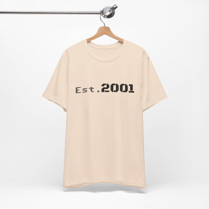 Retro minimalist Est. 2001 graphic T-shirt by Printify featuring a clean design and bold birthyear print on casual cotton tee.