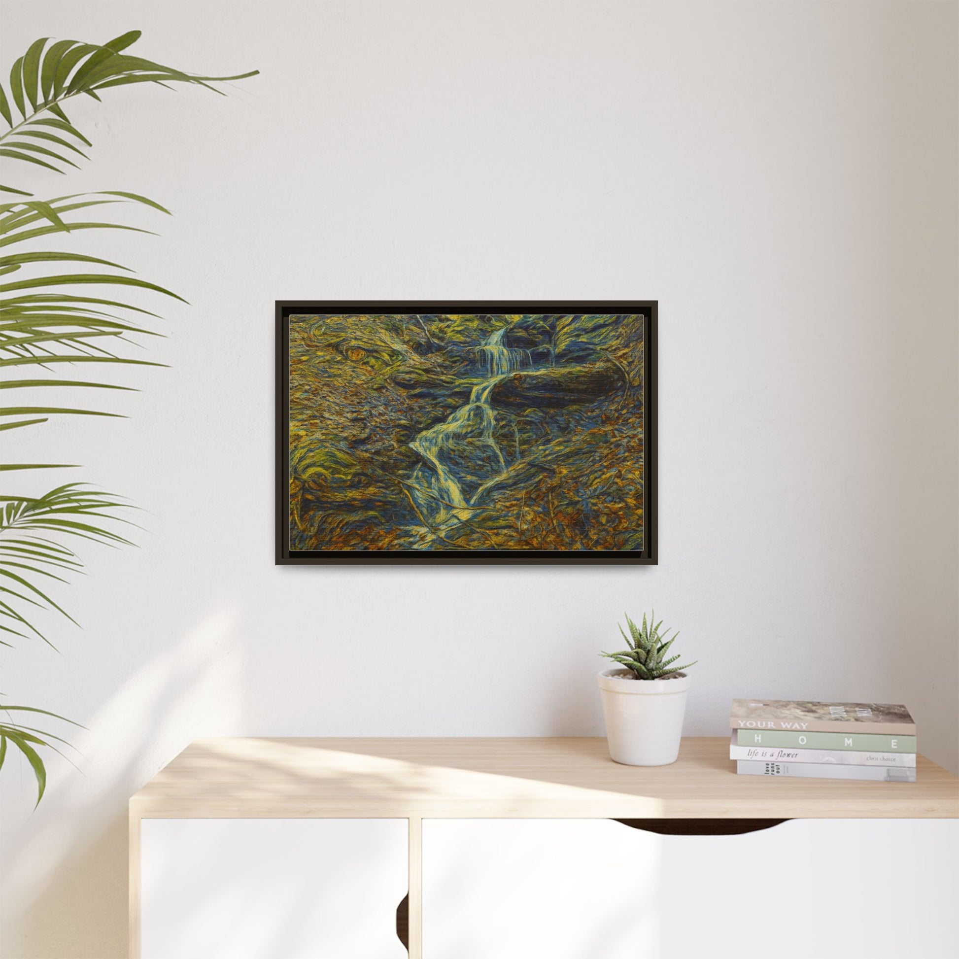 Framed matte canvas wall art featuring a scenic autumn forest with a waterfall, designed by Printify.