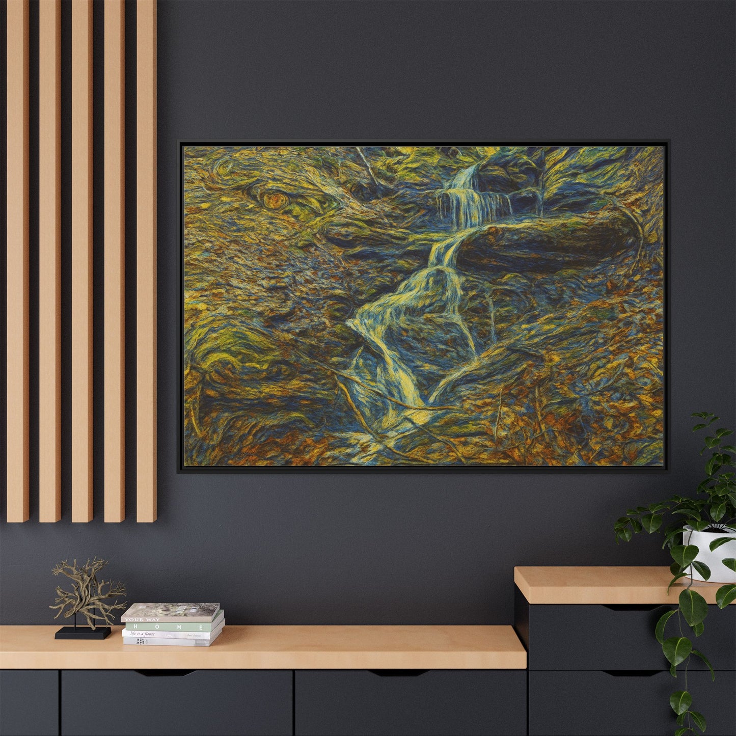 Framed matte canvas wall art of an autumn forest with a waterfall, showcasing vibrant fall colors and natural scenery.