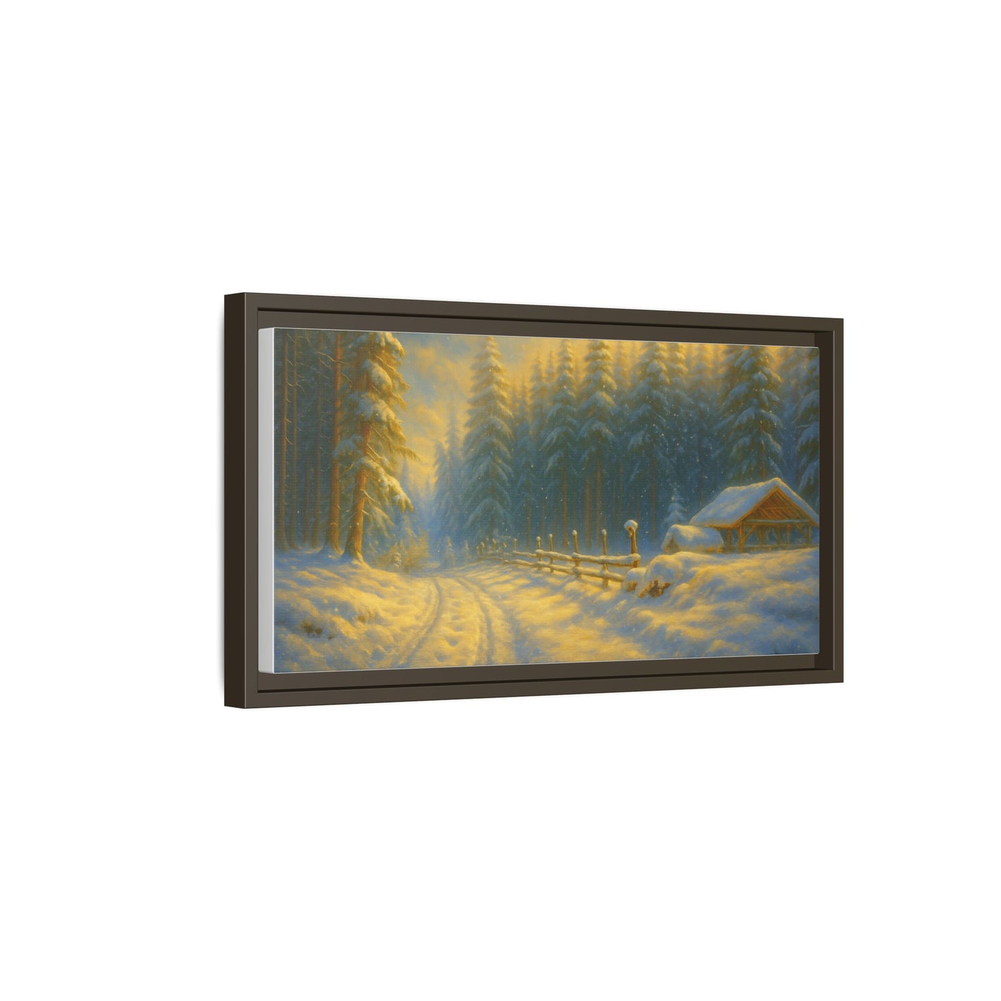 Framed winter cabin canvas print featuring a snowy forest sunset wall art by Printify, showcasing a serene winter landscape.
