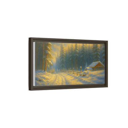 Framed winter cabin canvas print featuring a snowy forest sunset wall art by Printify, showcasing a serene winter landscape.