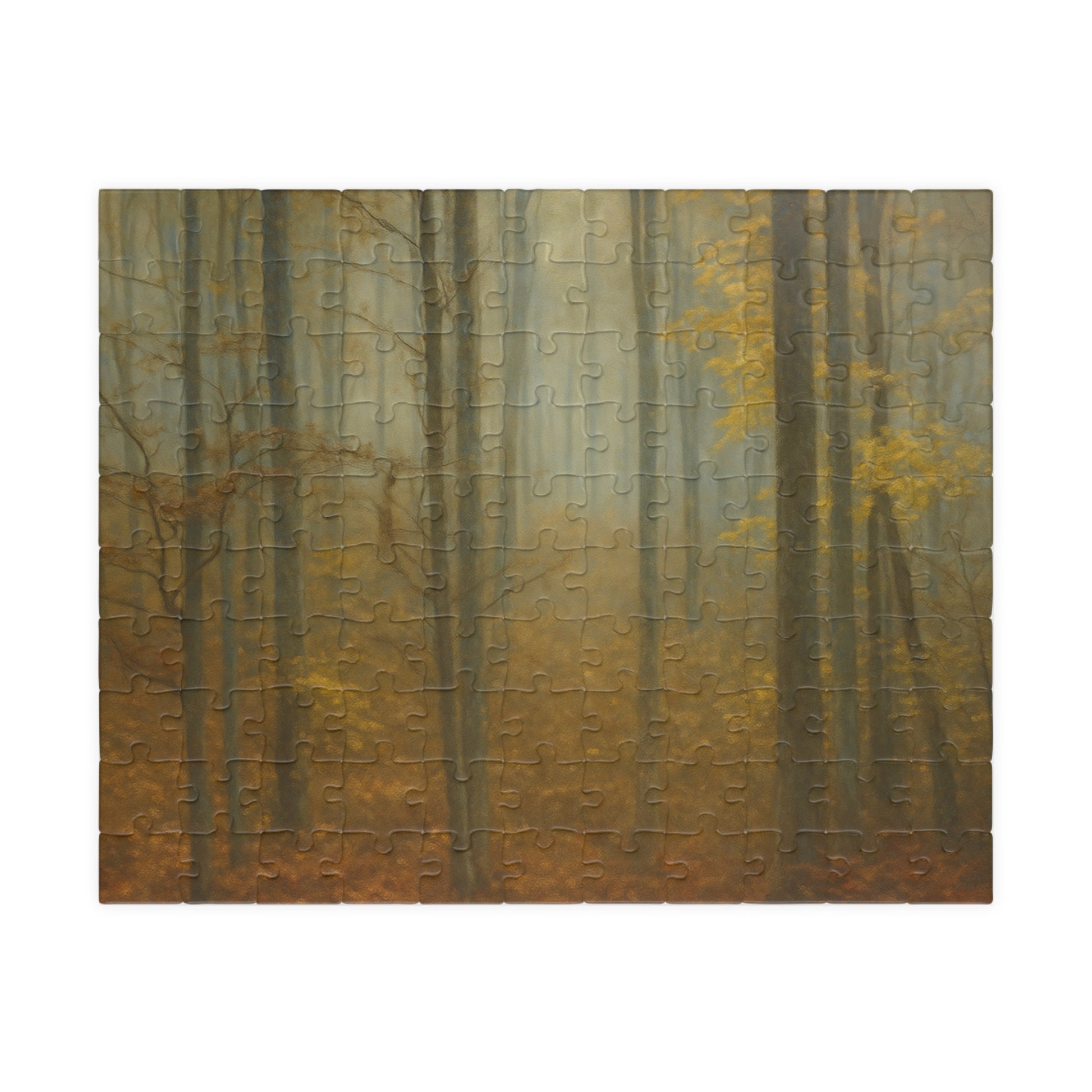Printify Misty Forest Trees puzzle with 110 and 1014 pieces, featuring a scenic forest image and detailed woodland artwork.