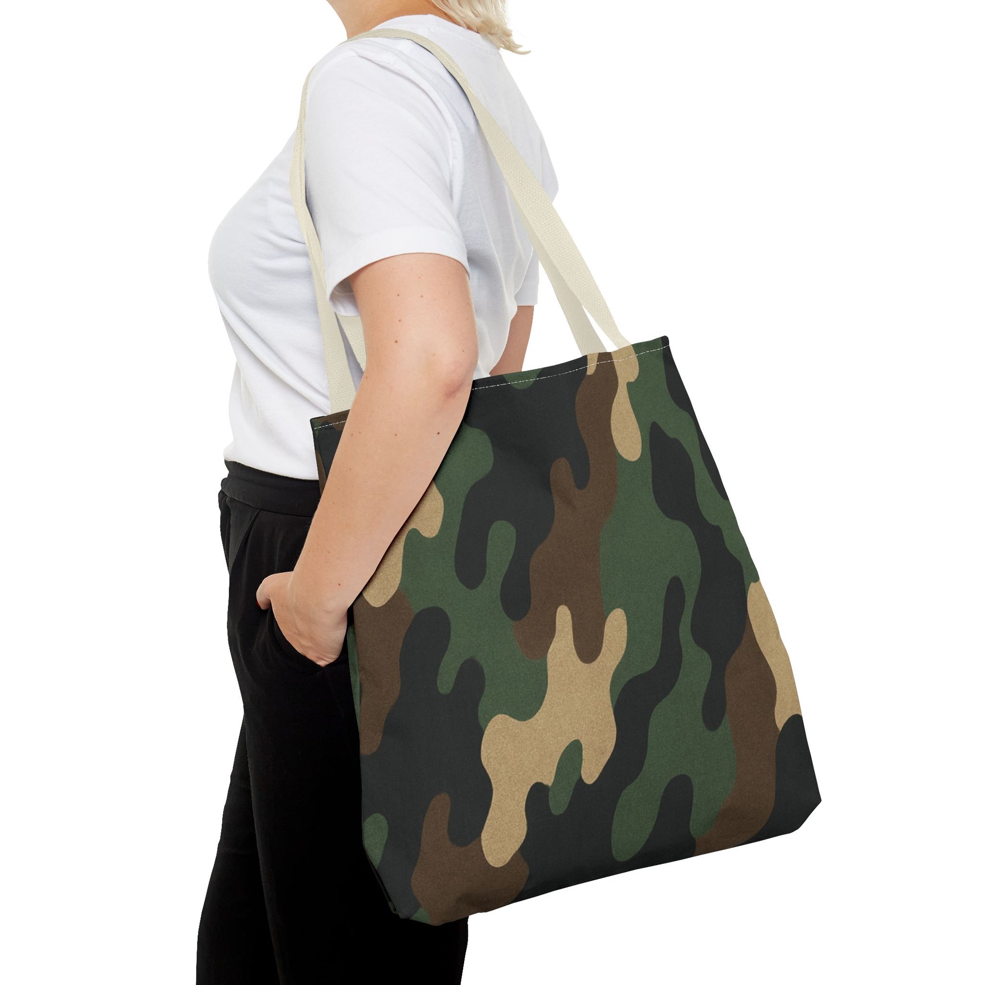 Camo pattern tote bag by Printify with all-over print canvas design, featuring sturdy handles and spacious interior for everyday use.