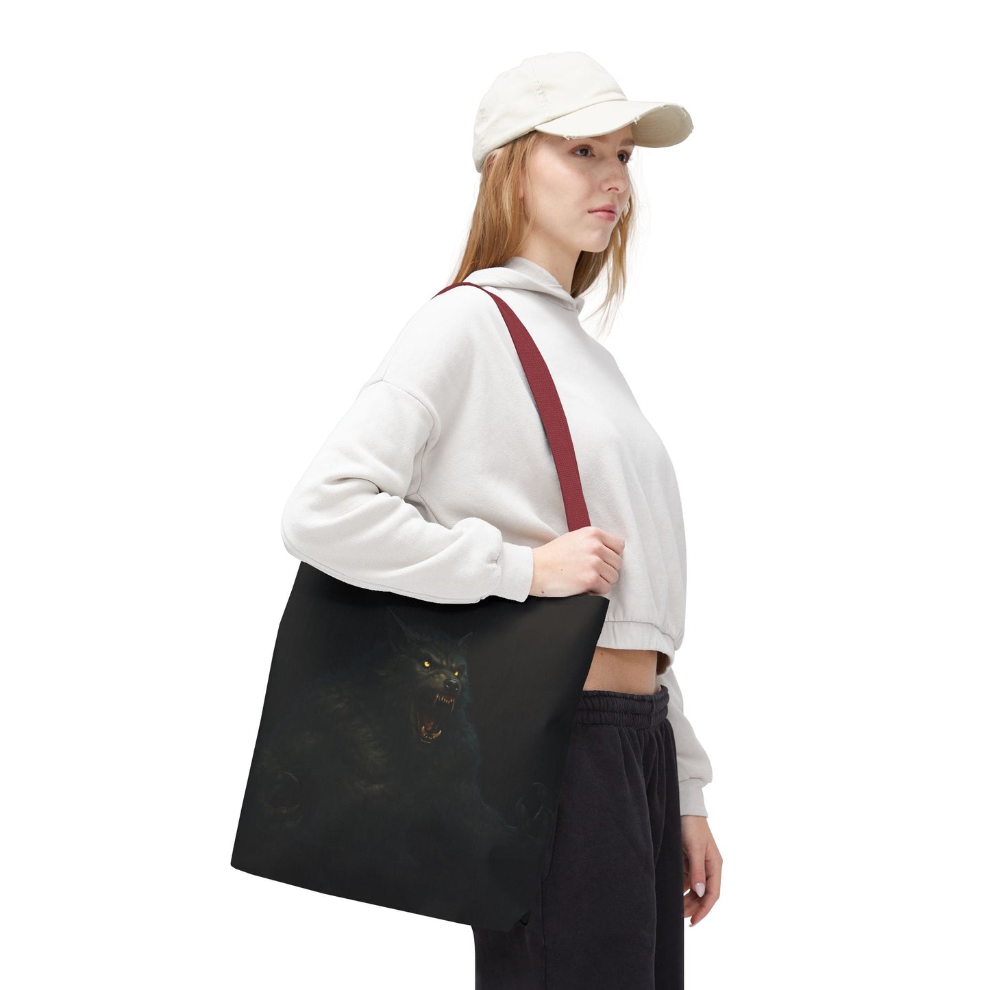 Werewolf tote bag with dark Halloween art, featuring horror-themed design, ideal for fans of spooky accessories and bags.