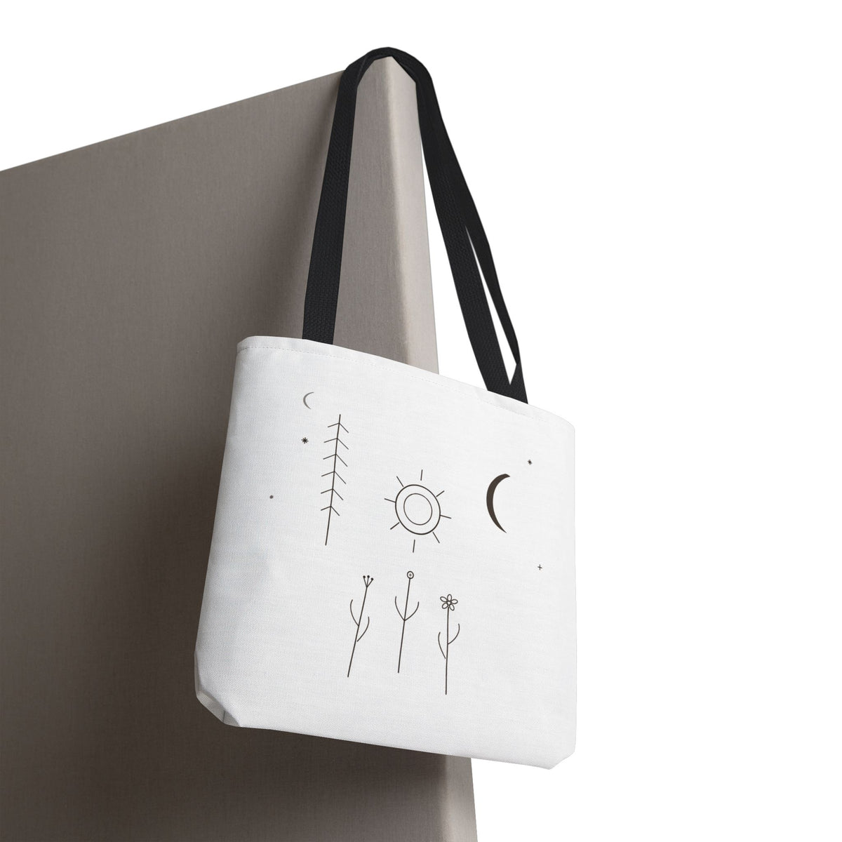 Minimal Moon and Sun botanical tote bag featuring celestial line art, made by Printify, with natural botanical and celestial design.