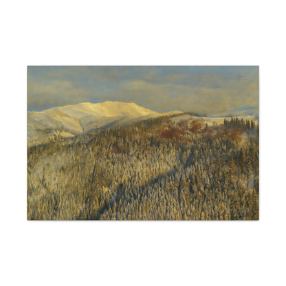 Winter mountain landscape matte canvas print by Printify, stretched 1.25 inches, showcasing a scenic mountain scene in a natural setting.