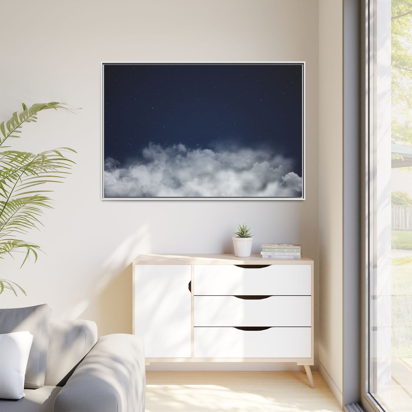 Framed night sky clouds matte canvas wall art featuring starry sky scene, created by Printify for celestial home decor.