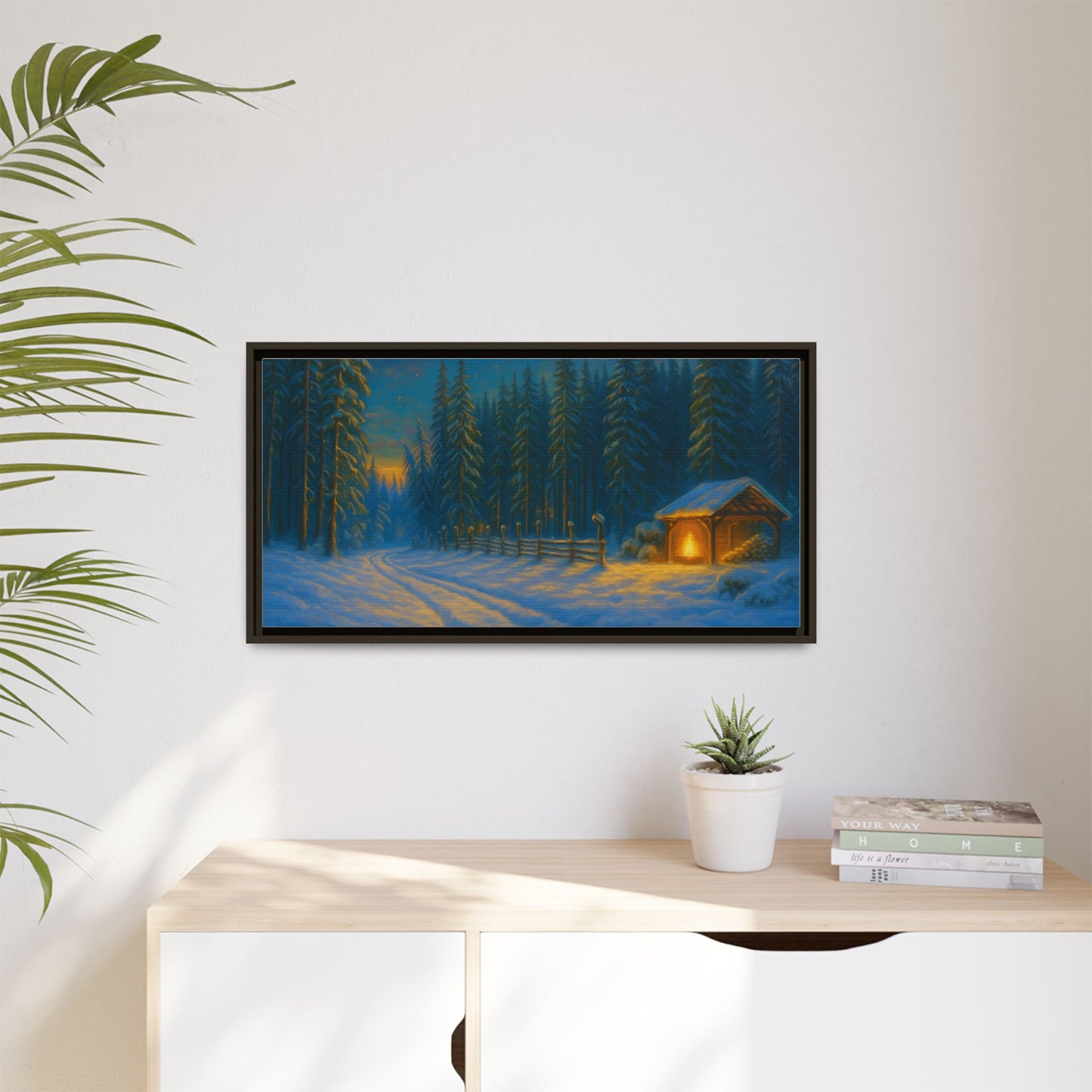 Cozy winter cabin matte framed canvas wall art featuring a snowy forest scene at evening, perfect for winter decor.