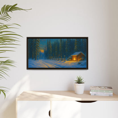 Cozy winter cabin matte framed canvas wall art featuring a snowy forest scene at evening, perfect for winter decor.