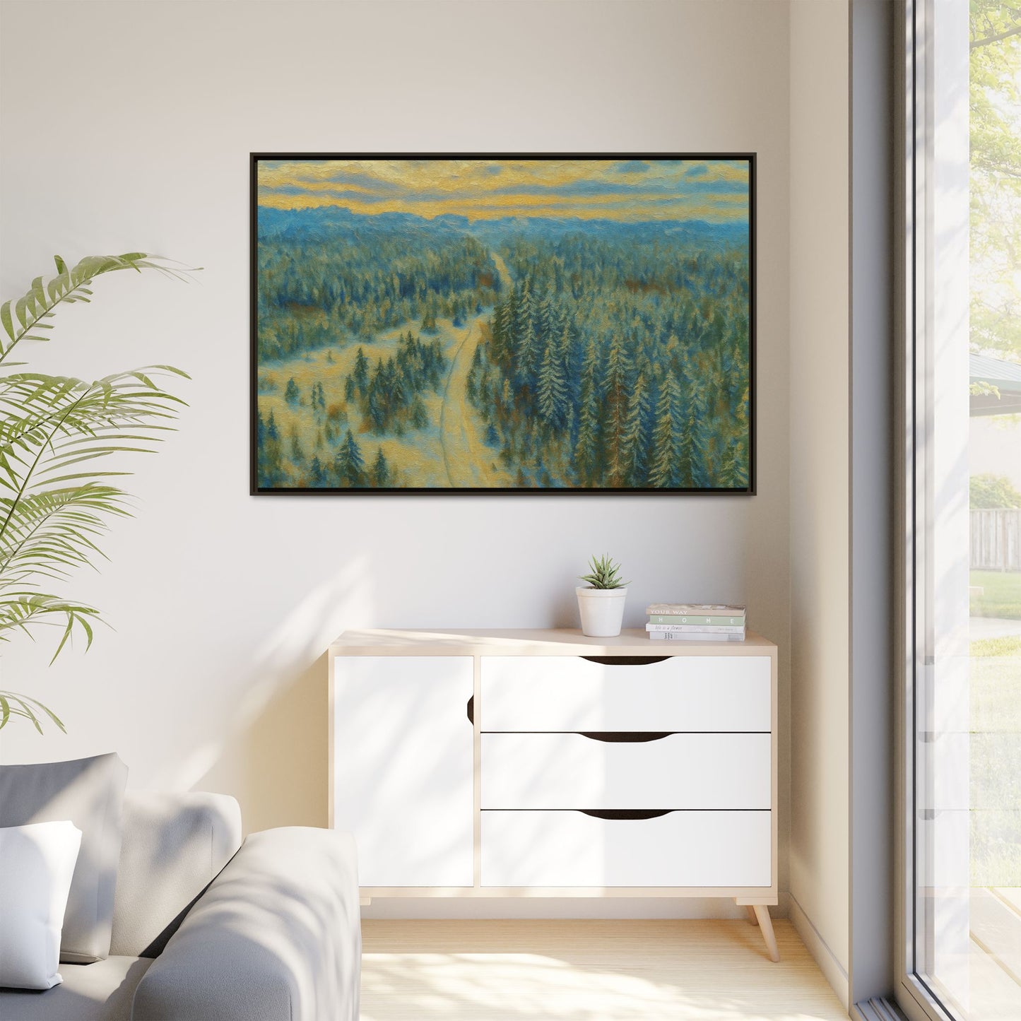 Framed matte canvas print of a serene winter forest landscape showcasing snow-covered trees and peaceful natural scenery.
