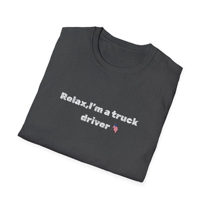 Pink heart graphic on a relaxed fit truck driver T-shirt with funny slogan, casual printify branding, and comfortable fabric.