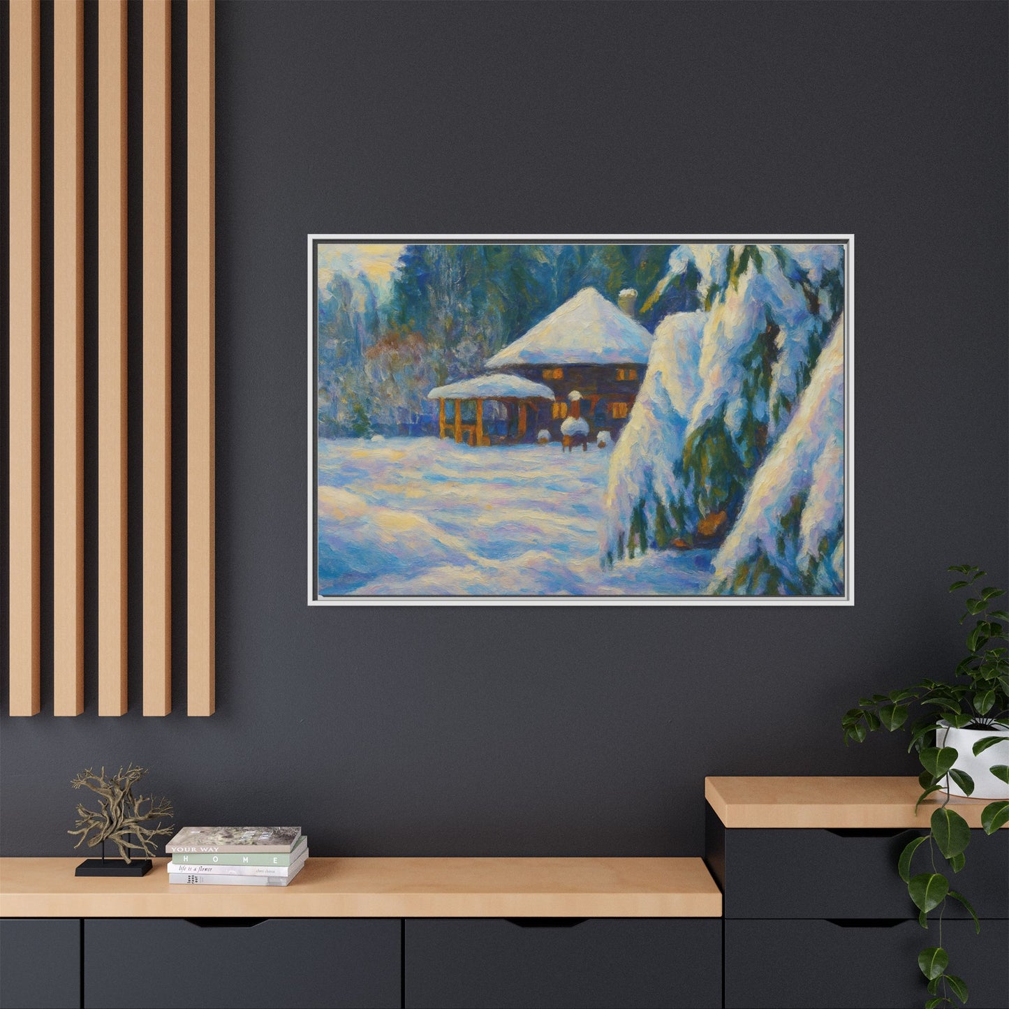 Framed matte canvas wall art featuring a snowy cabin winter landscape with trees and snow-covered ground.