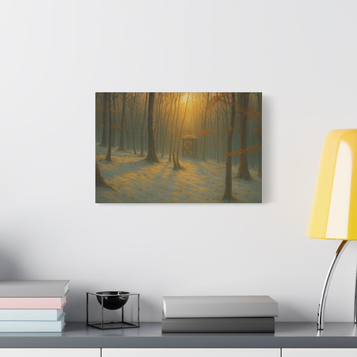 Matte stretched canvas art print of a misty forest sunrise, featuring vibrant colors and detailed nature scene by Printify.