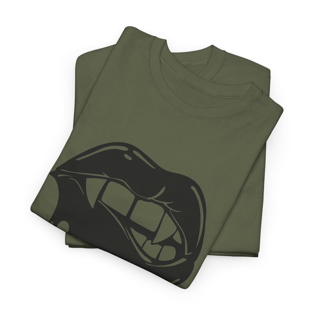 Graphic T-shirt featuring dripping lips 'hmm...' bite design by Printify, with bold lip graphic on front.