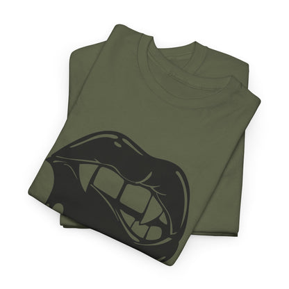 Graphic T-shirt featuring dripping lips 'hmm...' bite design by Printify, with bold lip graphic on front.