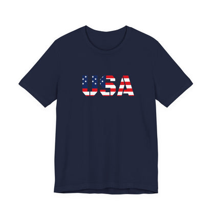 USA Flag Text Tee — Patriotic Fourth of July T-Shirt
