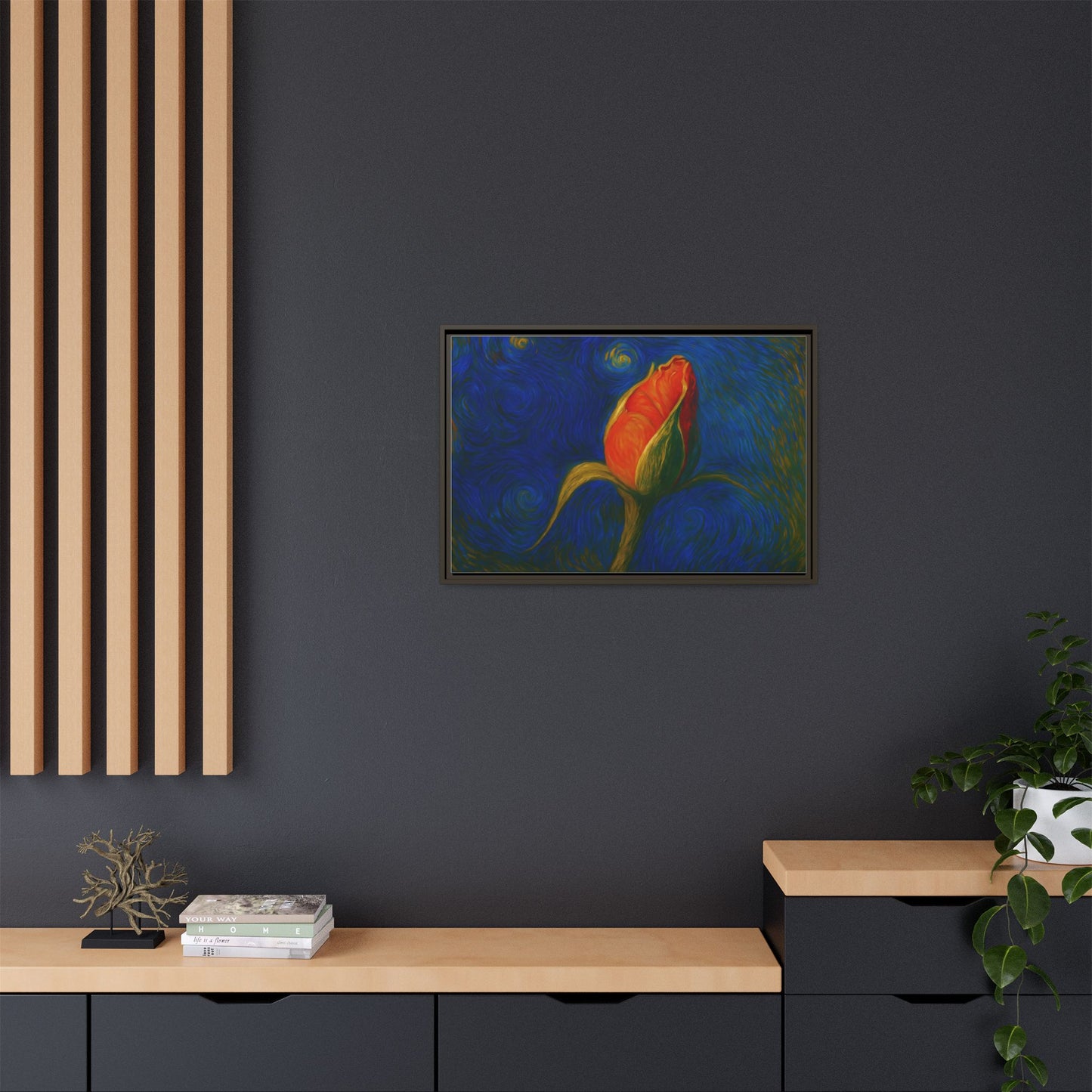 Red rose bud painting on framed canvas wall art, featuring a matte finish, by Printify.