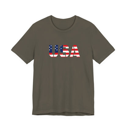 USA Flag Text Tee — Patriotic Fourth of July T-Shirt