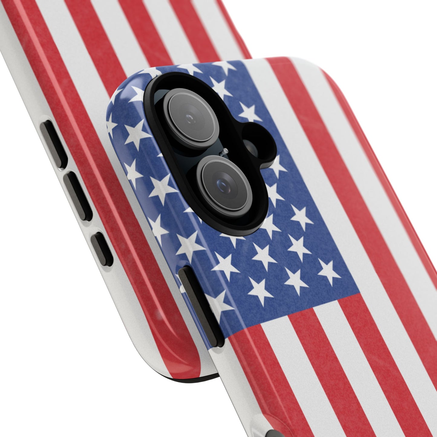 American flag tough phone case for iPhone and Samsung, patriotic protective cover featuring bold flag design.