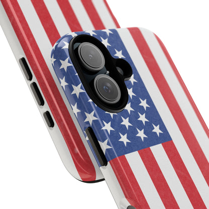 American flag tough phone case for iPhone and Samsung, patriotic protective cover featuring bold flag design.