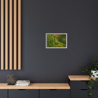 Colorful framed matte canvas wall art featuring a forest path landscape, perfect for nature-inspired home decor.