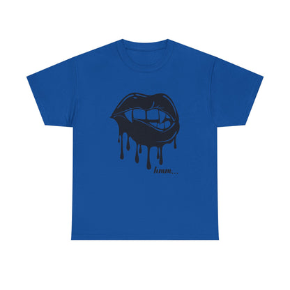 Graphic T-shirt by Printify featuring a dripping lips 'hmm...' bite design on a casual cotton tee.