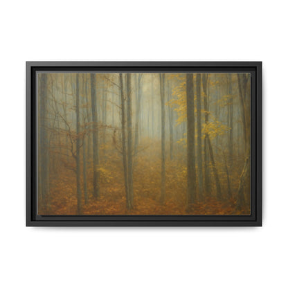 Framed matte canvas wall art featuring a misty autumn forest scene, ideal for nature-inspired home decor.
