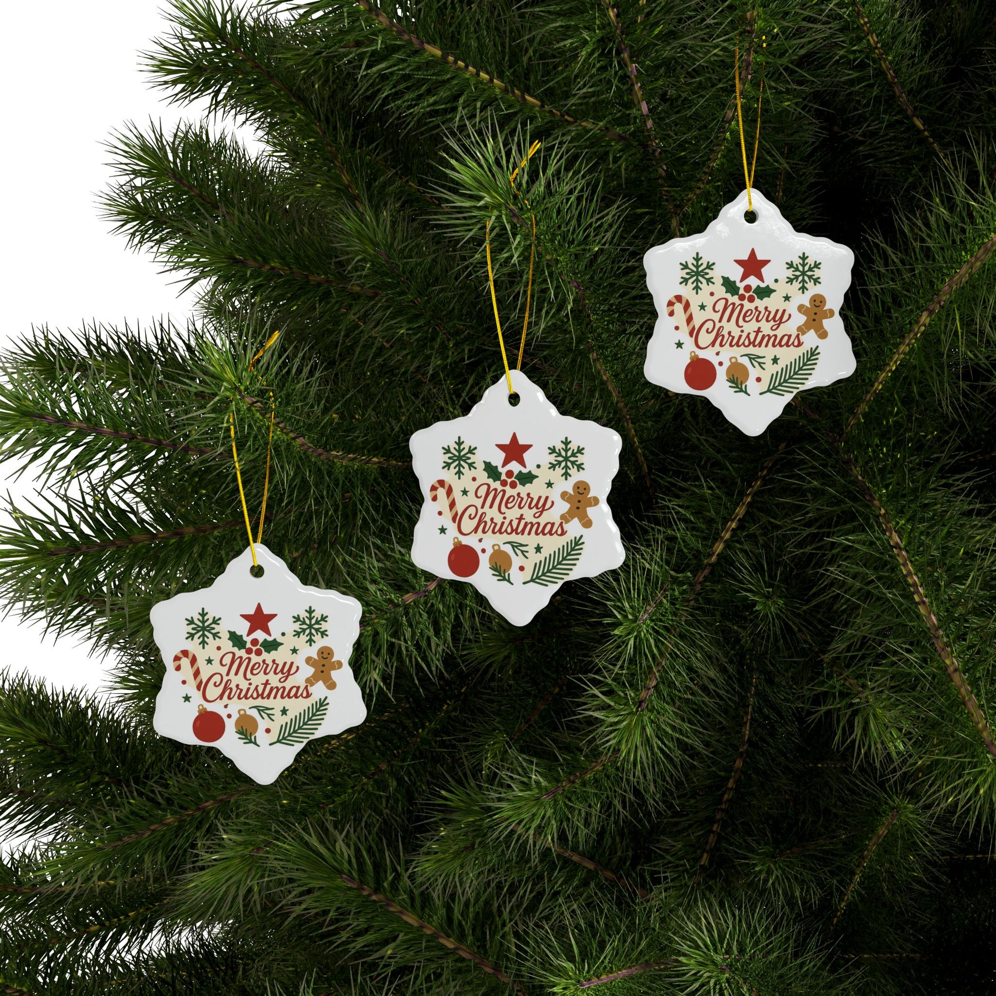 Double-sided ceramic Christmas ornament featuring gingerbread and candy cane holiday tree designs by Printify.