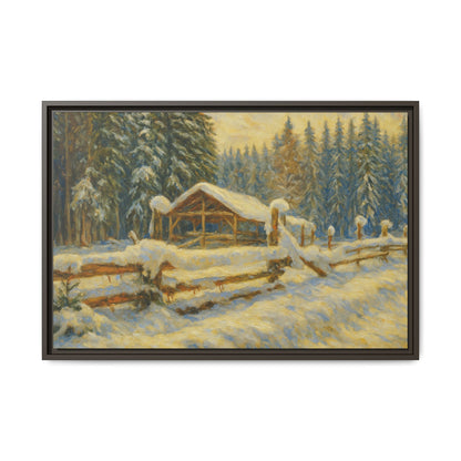 Snowy cabin winter landscape canvas wall art by Printify, featuring a matte framed print of a cozy snowy cabin scene.
