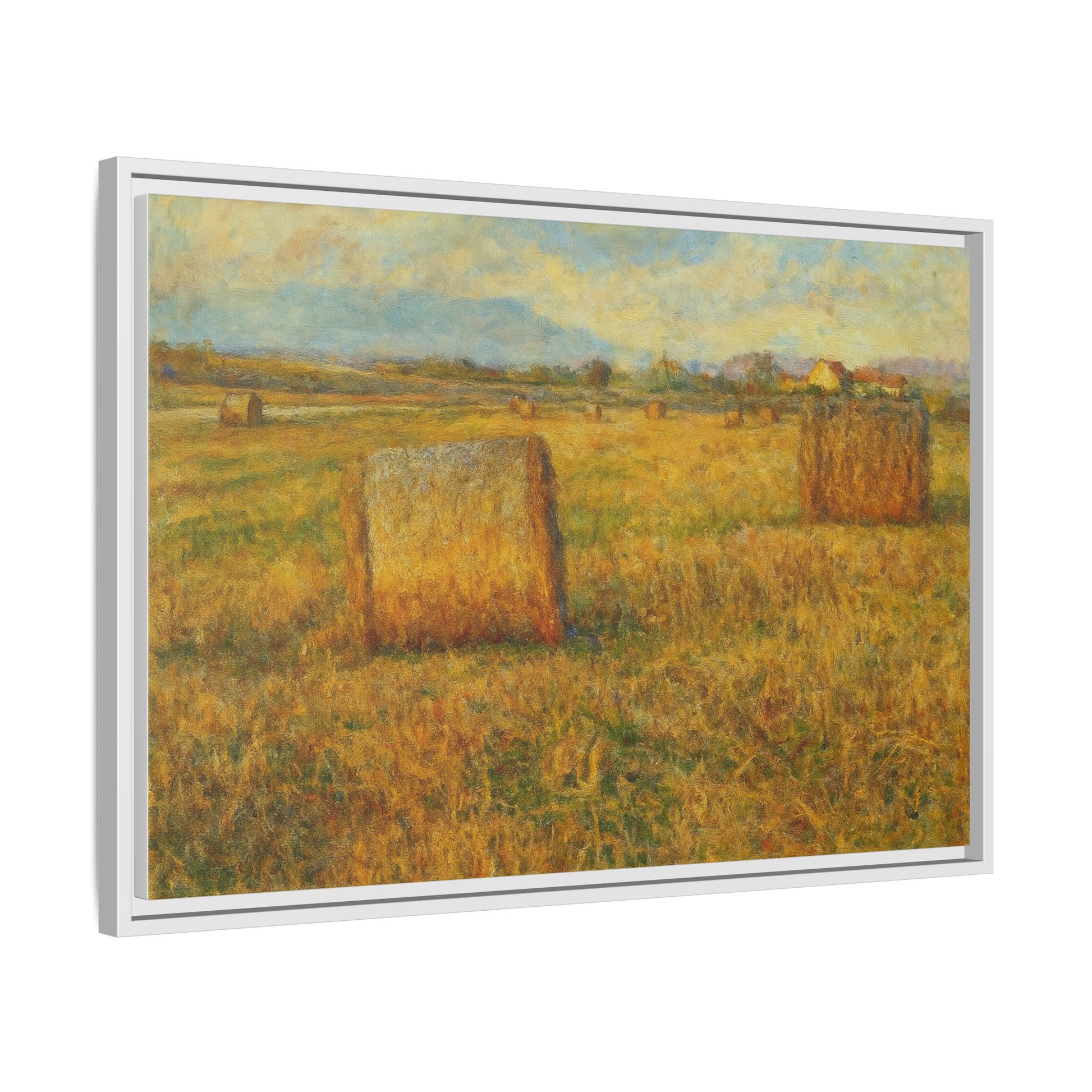 Framed matte canvas wall art featuring a rustic hayfield landscape print by Printify, ideal for farmhouse or nature-inspired decor.