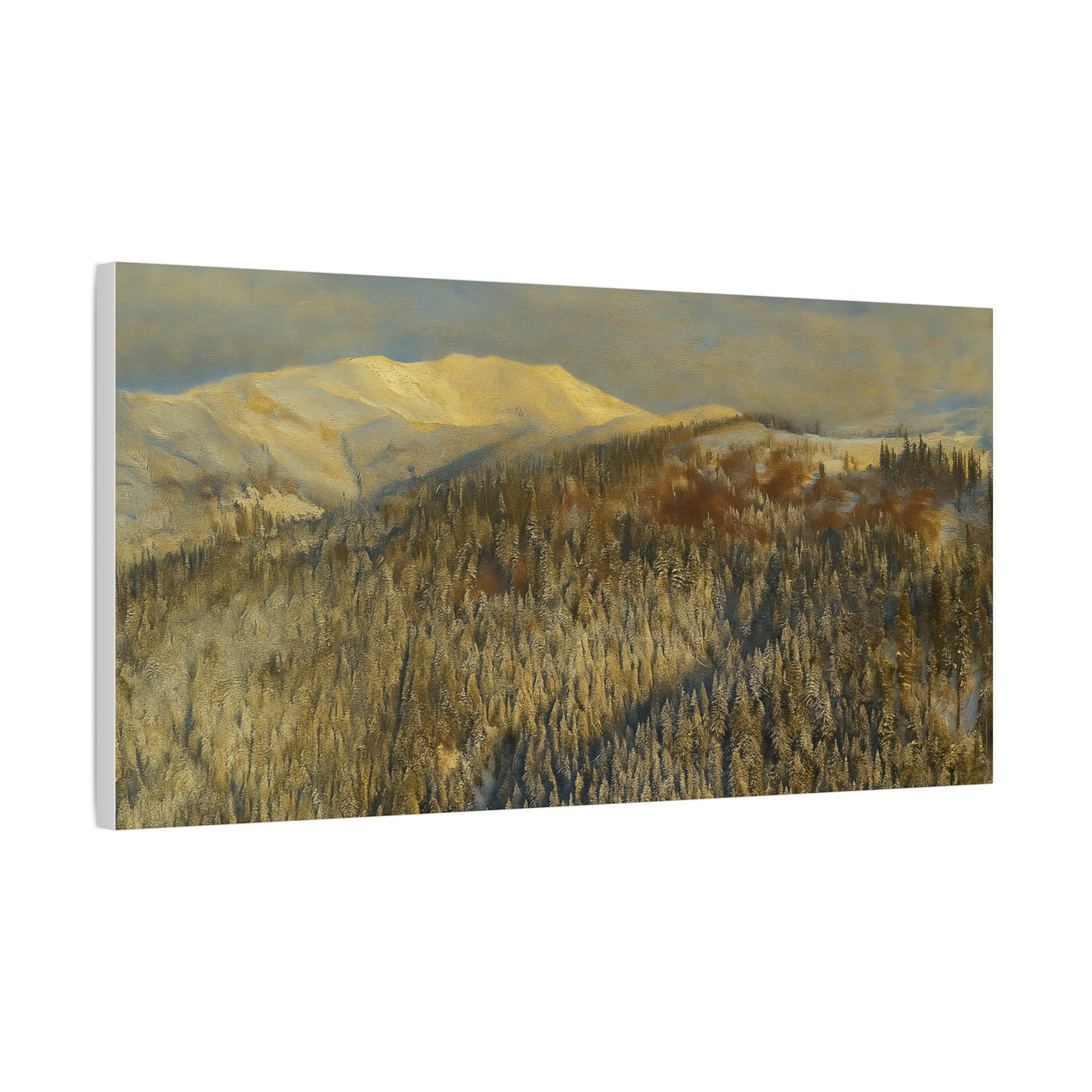 Winter mountain landscape matte canvas print by Printify, stretched 1.25 inches, featuring a scenic mountain scene in natural tones.