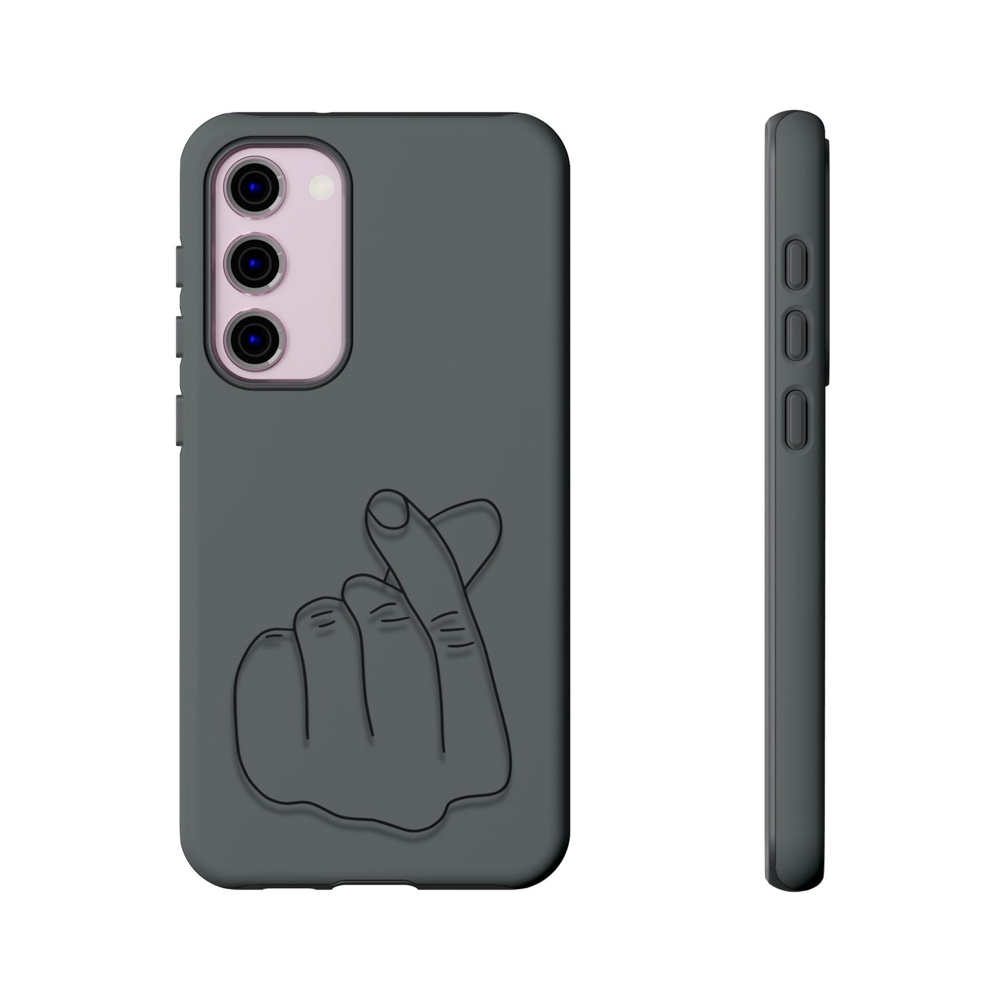 Silicone phone case with embossed Korean finger heart design, featuring a stylish and protective Printify phone accessory.
