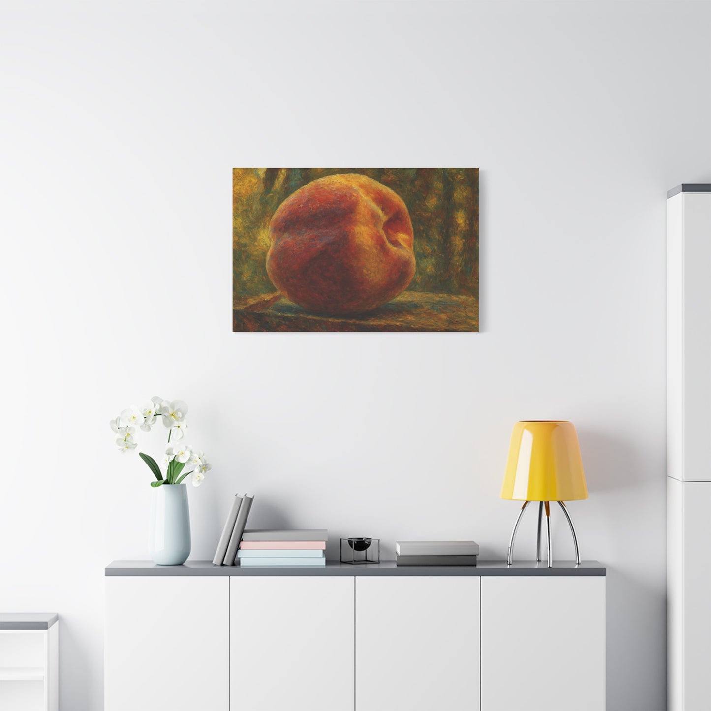 Peach still life matte canvas print by Printify, stretched 1.25-inch wall art featuring vibrant peach fruit on canvas.