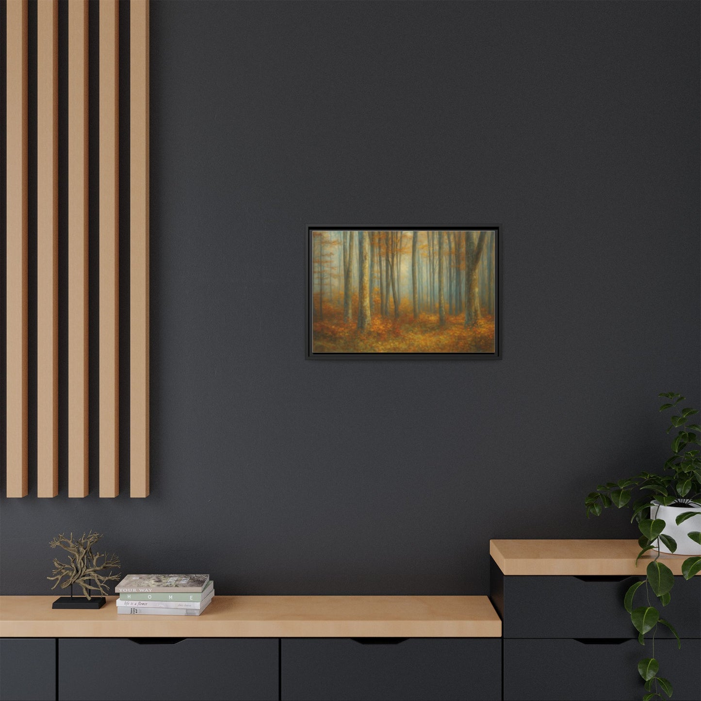 Framed autumn forest canvas print featuring misty woodland scene, wall art by Printify, showcasing vibrant fall colors and natural scenery.