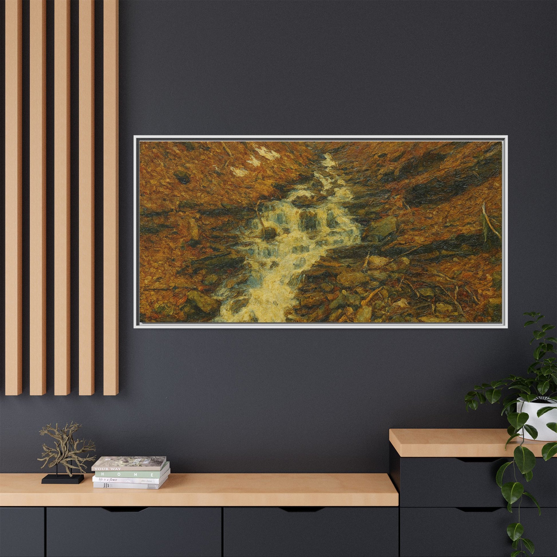 Framed matte canvas print of autumn stream landscape artwork by Printify, featuring vibrant fall trees and flowing water scene.