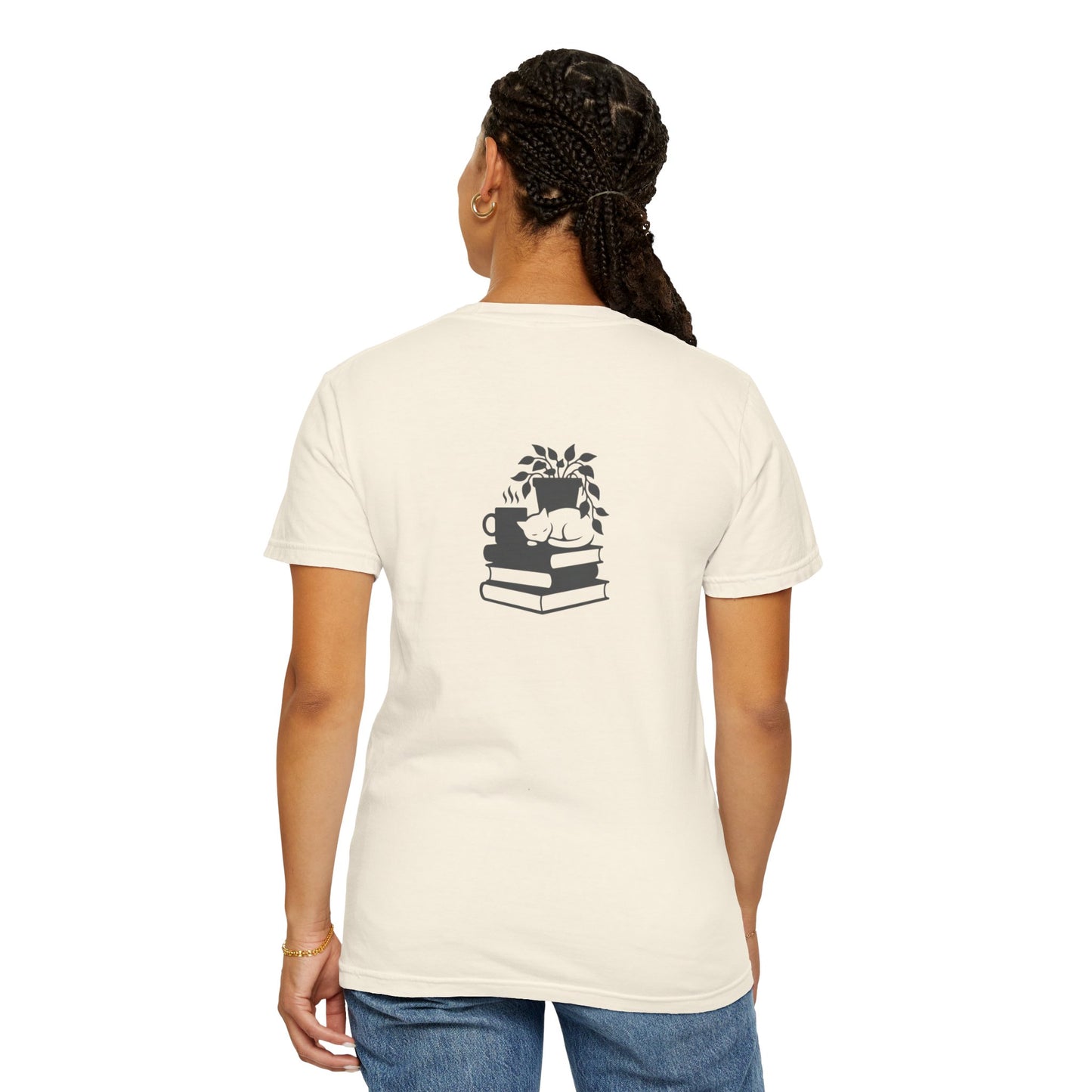 Cozy Cat on Books T-Shirt | Reading Tea Stack Illustration