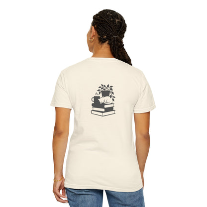 Cozy Cat on Books T-Shirt | Reading Tea Stack Illustration