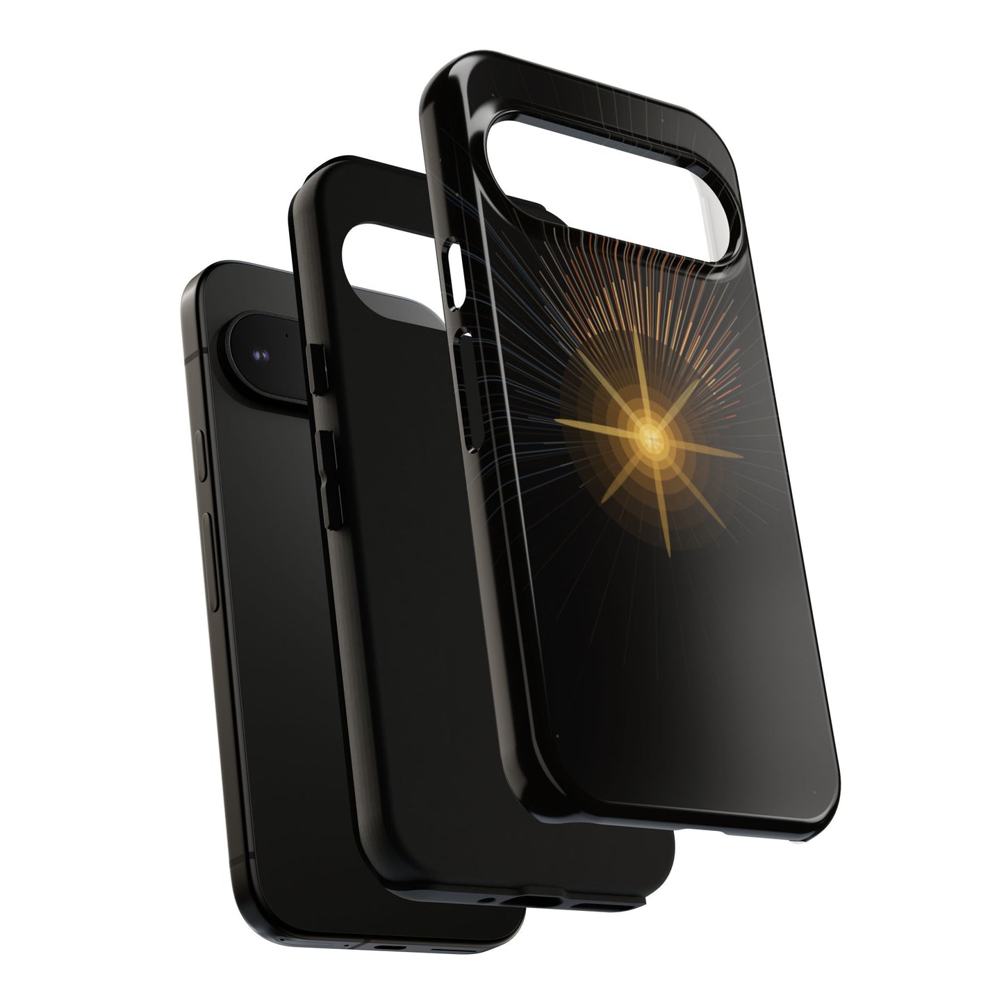 Tough Cases - Radiant Star Phone Case, Protective Black Shockproof Cover with Golden Light Design