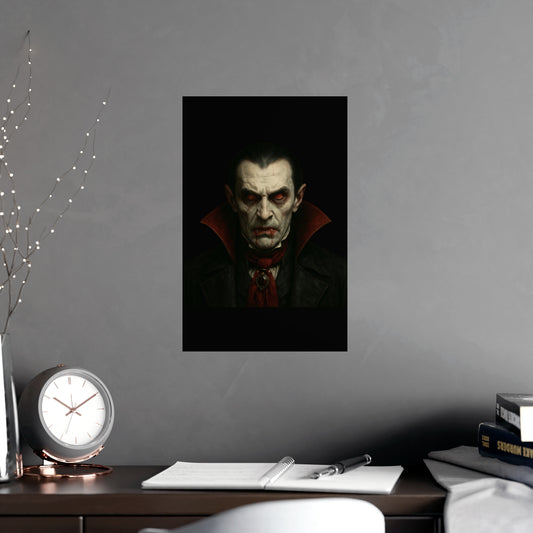 Gothic Dracula vampire portrait poster by Printify, featuring a vertical and horizontal gothic vampire wall art design.