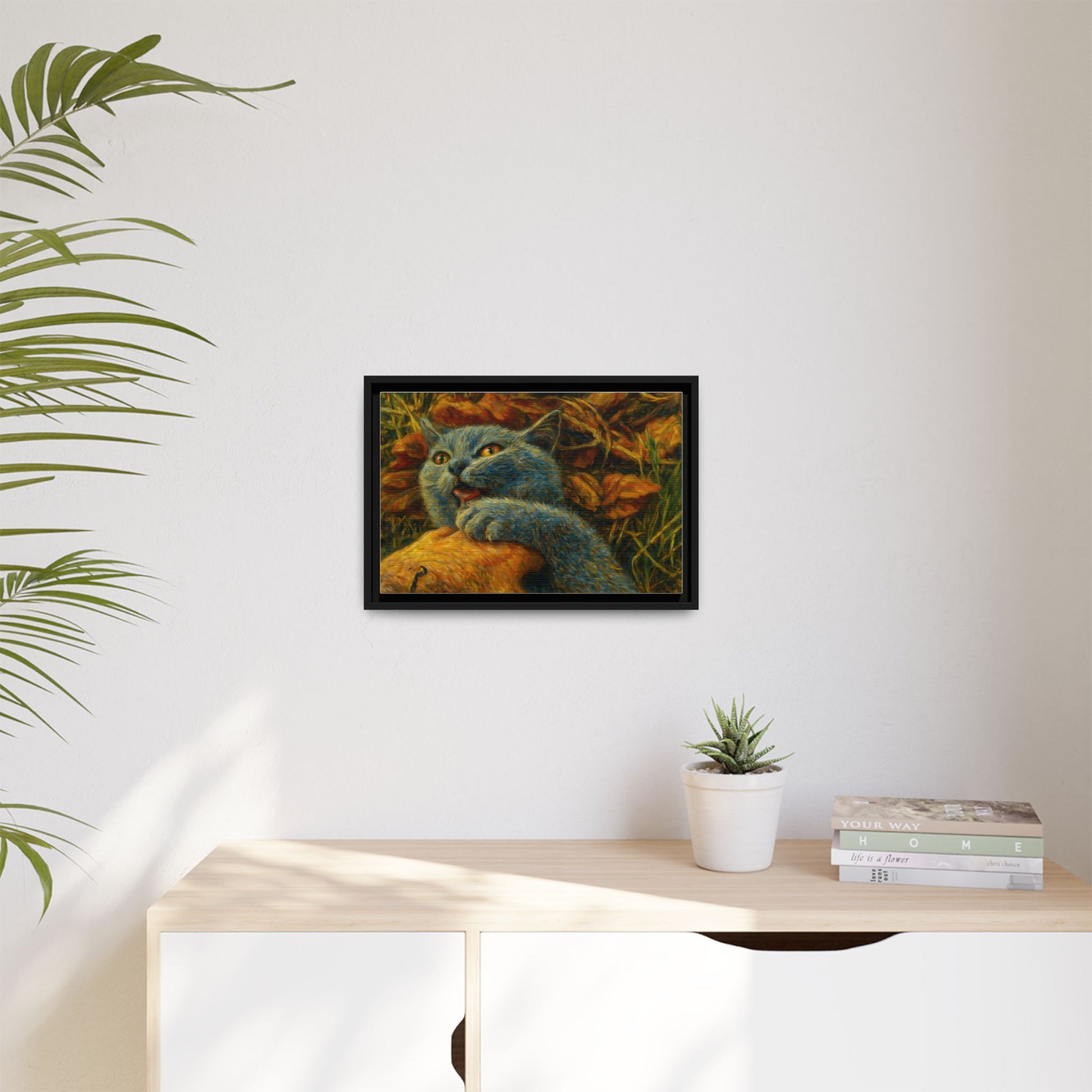 Blue cat canvas print featuring whimsical wall art, perfect gift for cat lovers, printed by Printify.