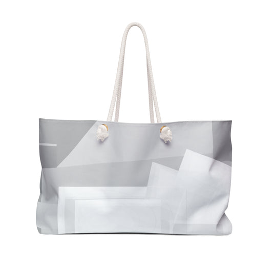 Gray geometric pattern weekender bag by Printify, neutral travel tote with abstract design and sturdy bag handles.
