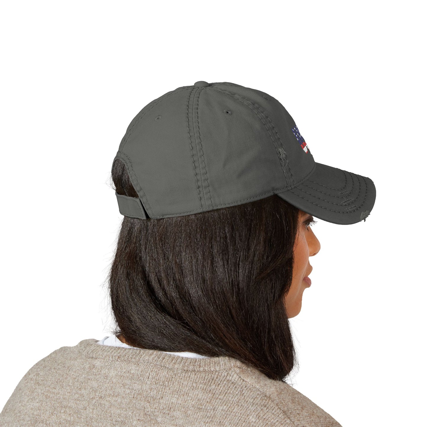 Distressed USA flag embroidered dad hat in cotton, featuring a curved brim and adjustable strap, by Printify.