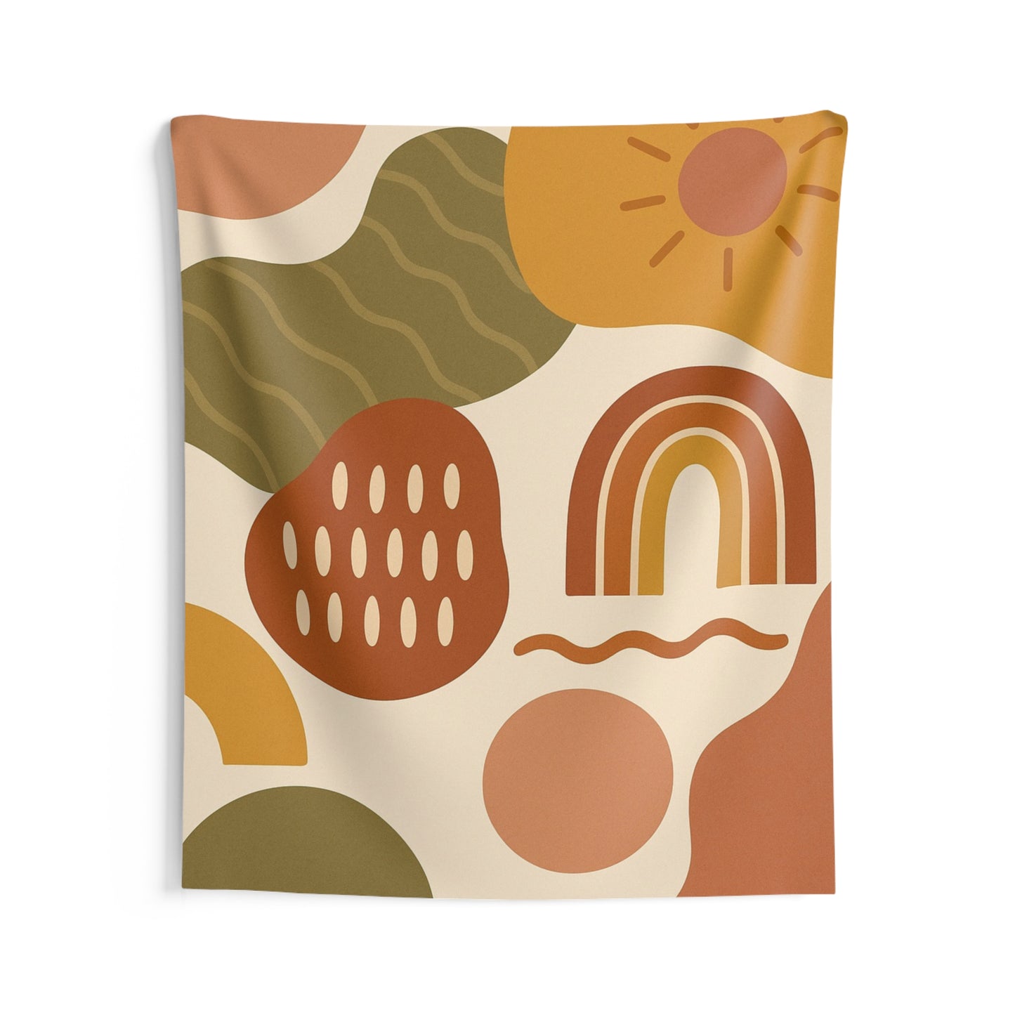 Boho Abstract Rainbow Tapestry — Retro Sun & Earthy Shapes Wall Hanging