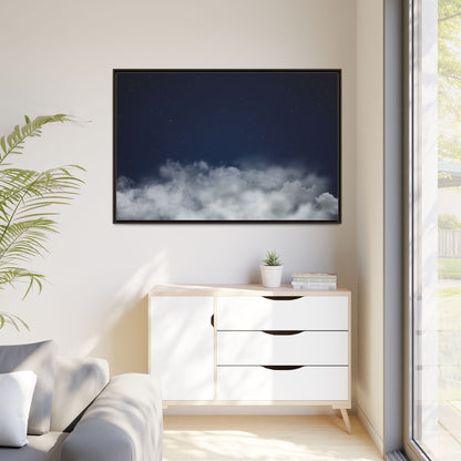Framed night sky clouds matte canvas wall art by Printify featuring starry night scene with dark blue and gray clouds.